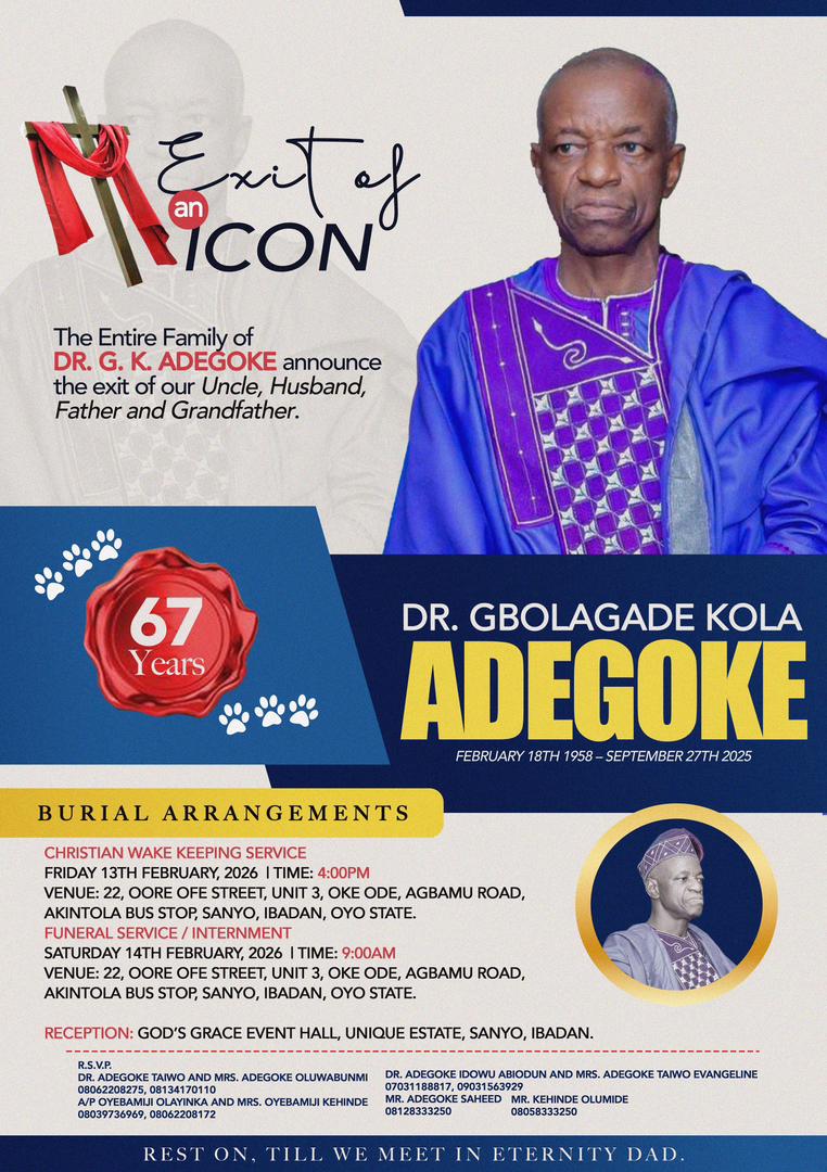 Obituary poster of Dr. Adegoke Gbolagade Kola