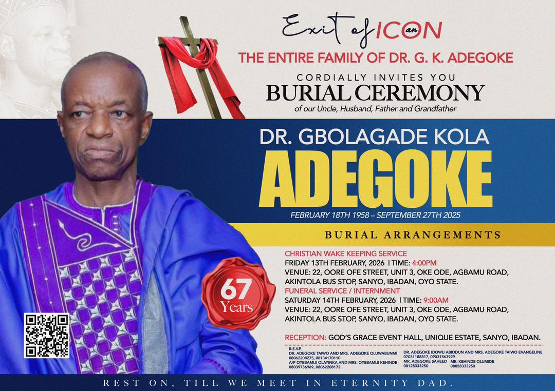 Invitation card for the funeral of Dr. Adegoke Gbolagade Kola