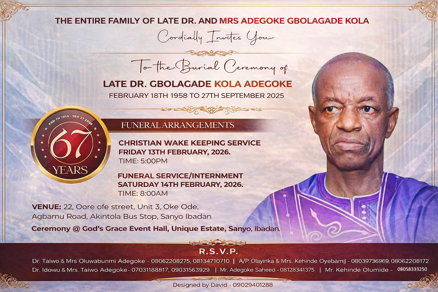 Invitation card for the funeral of Dr. Adegoke Gbolagade Kola