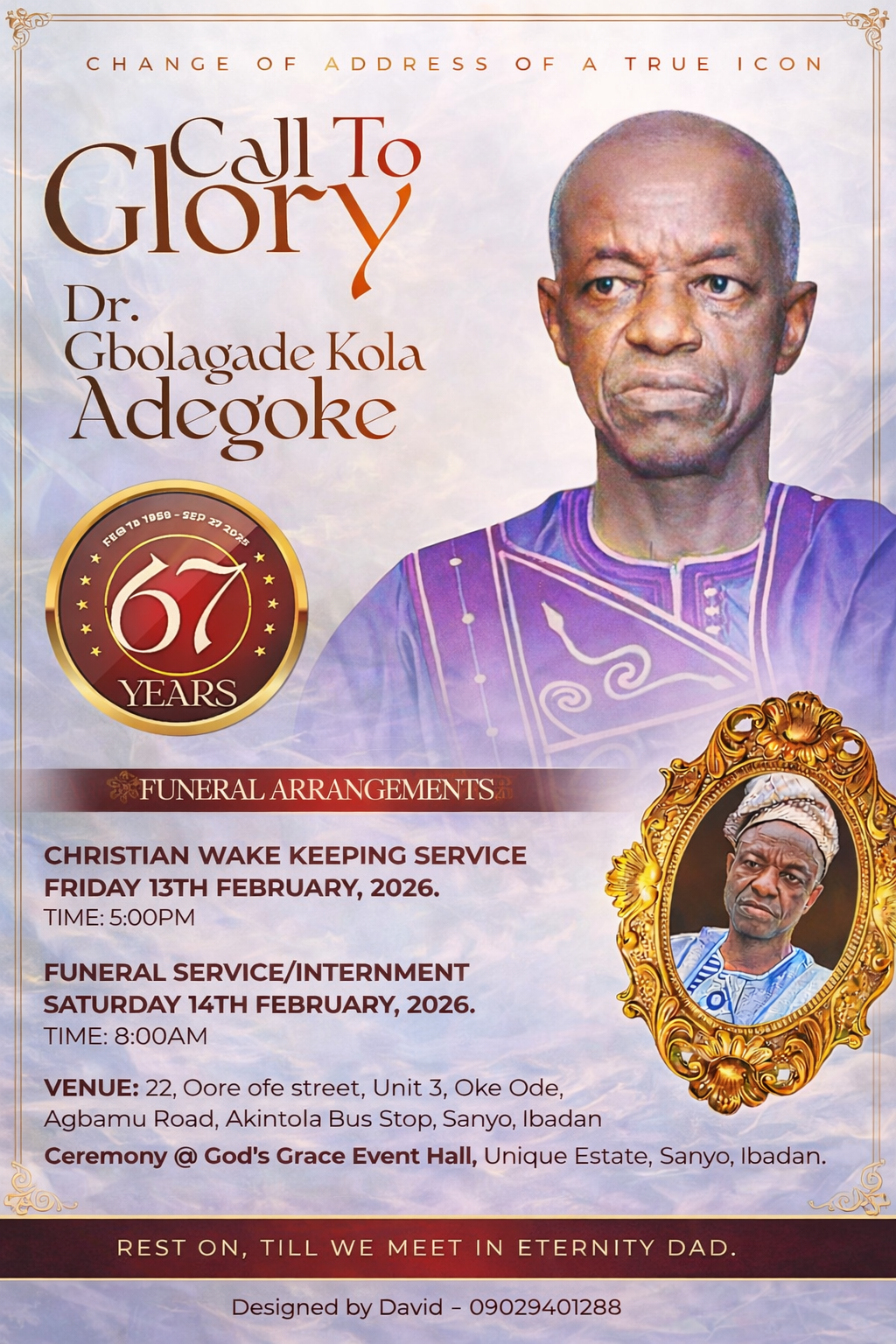 Obituary poster of Dr. Adegoke Gbolagade Kola
